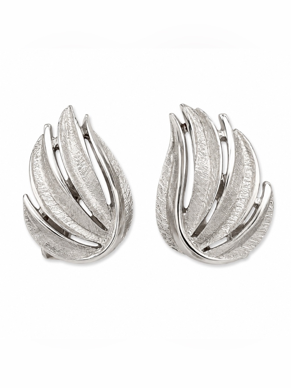 Vintage Trifari Leaf Flame Earrings Clip-On Brushed & High Shine Silvertone